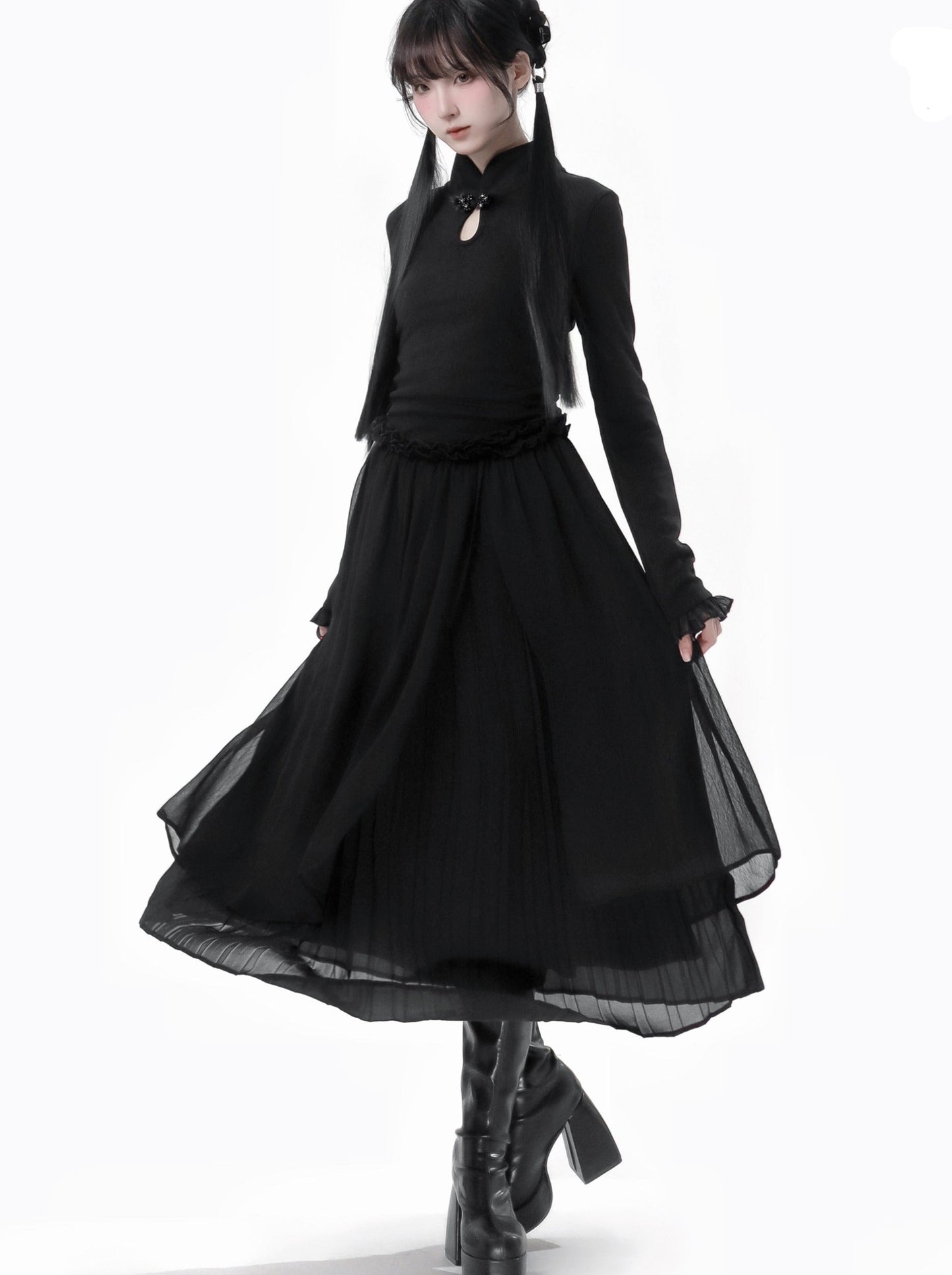 チャイナホイト ブラックニット スプリングウエスト フリル トゥルドレス