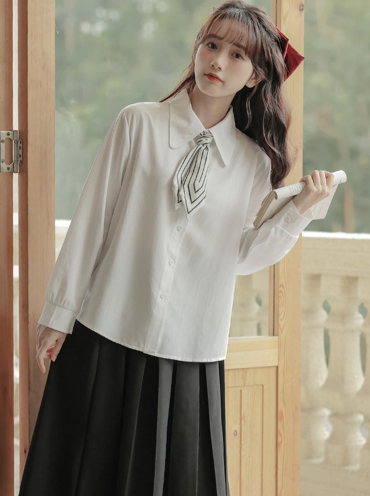 Scarf + Lapel Long Shirt Skirt Pleated