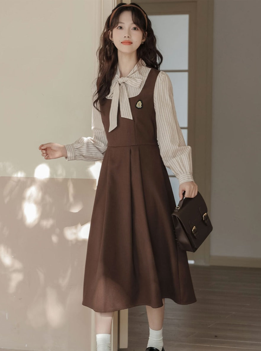 Striped Style Dress Splicing Faux College