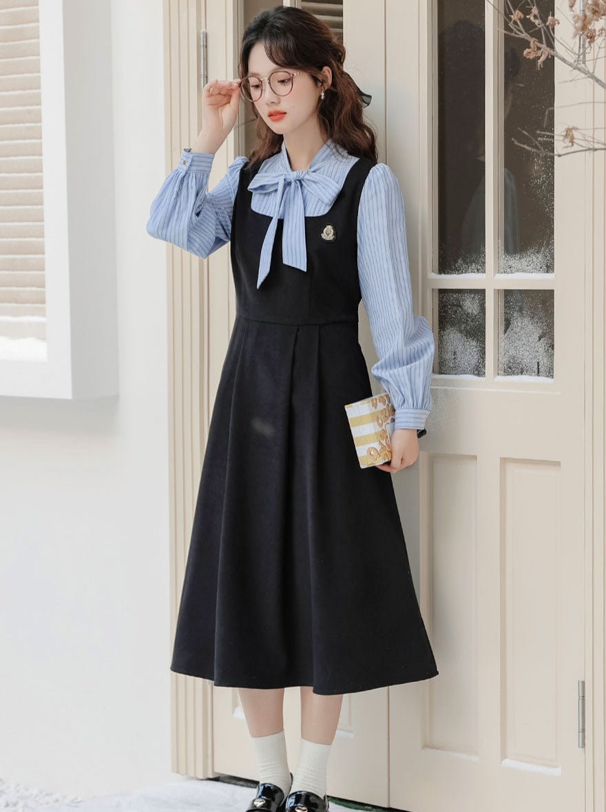 Striped Style Dress Splicing Faux College