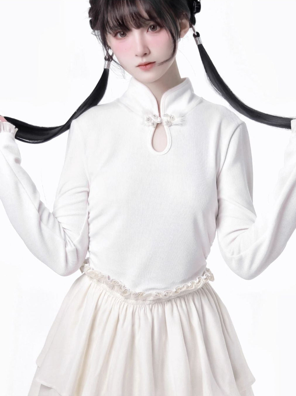 チャイナホイト ブラックニット スプリングウエスト フリル トゥルドレス