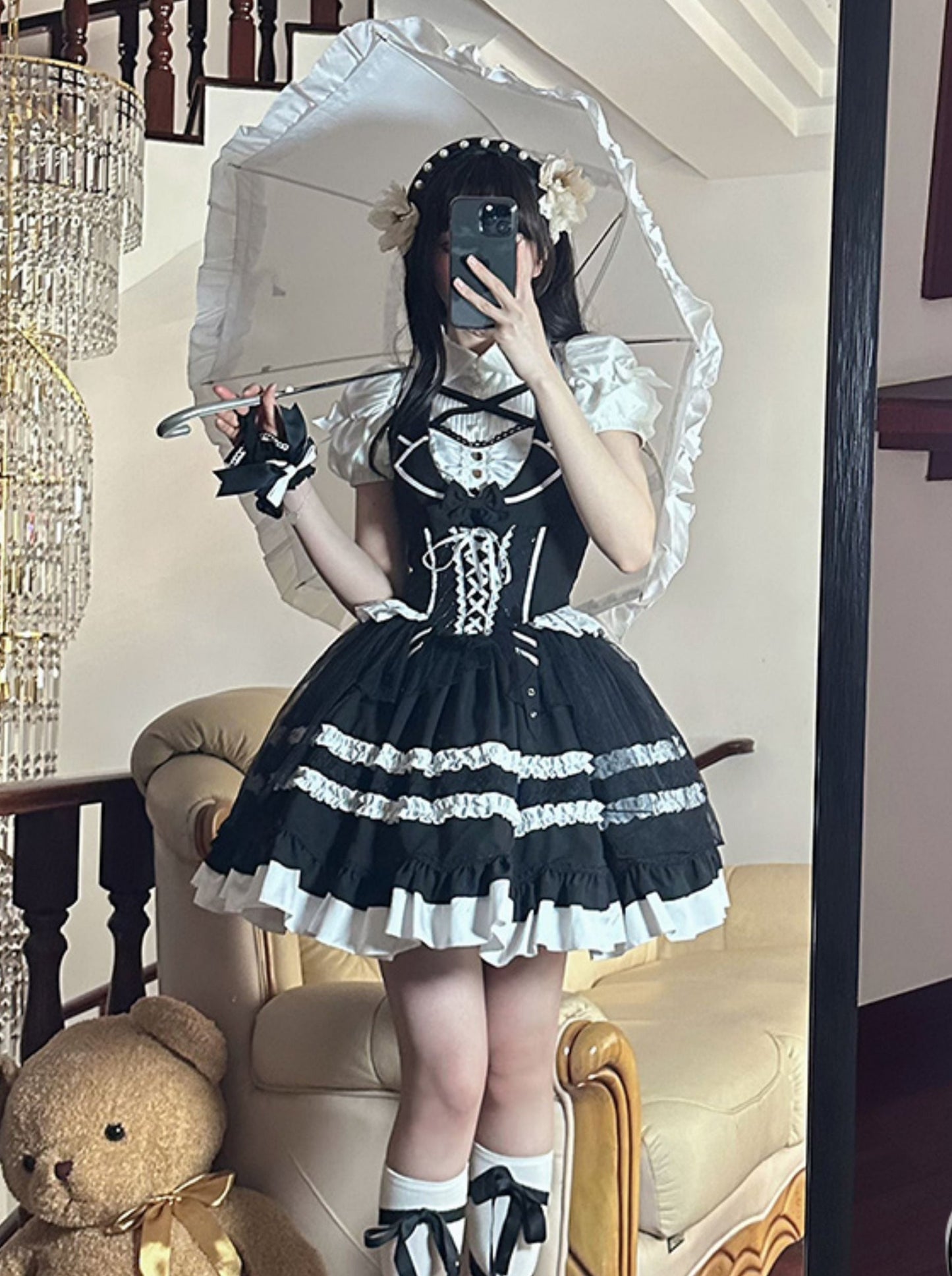 White Elegant Black Magic Dress Doll Antique