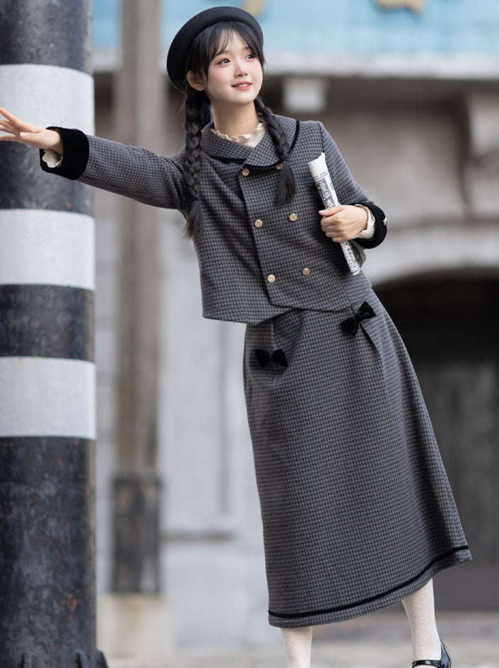 Skirt Check Flared Retro Ribbon Dark Double + Top