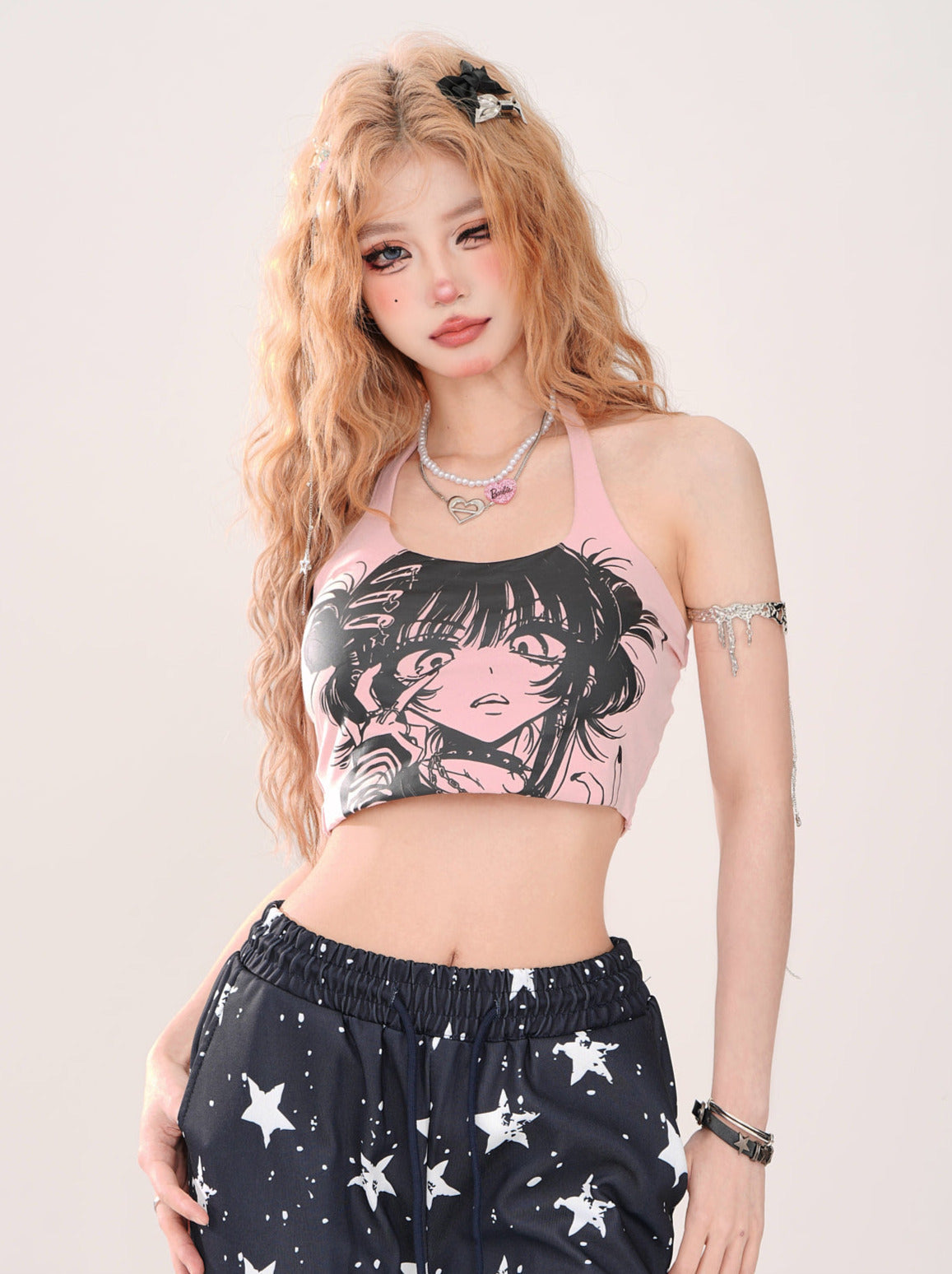 Short Neck Halter Top Girl's Strap Print