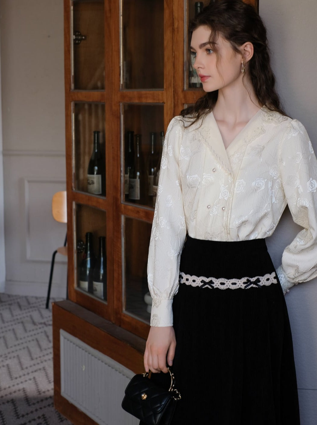 Jacquard Blumen Bluse Rock Hosenträger