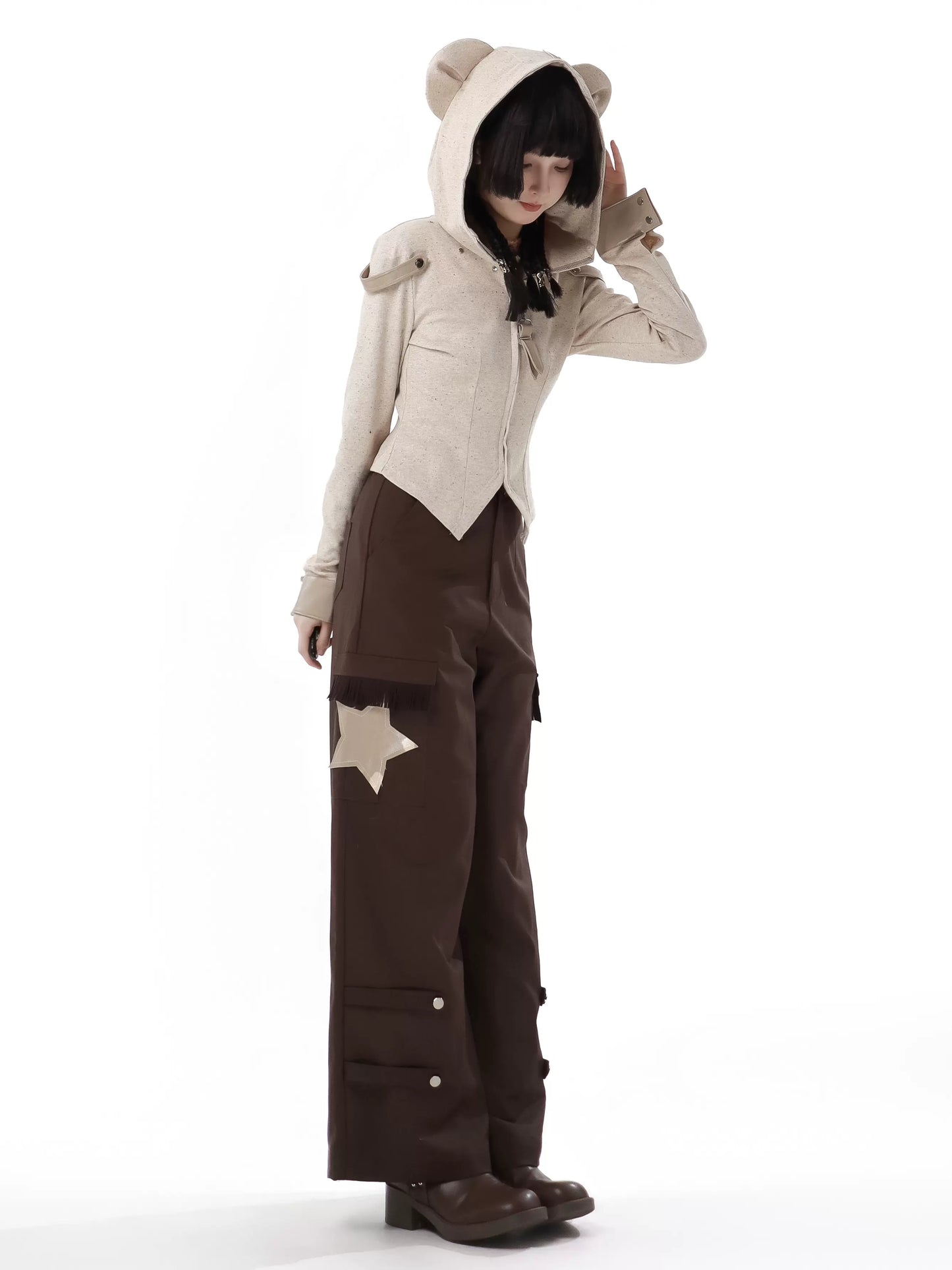 Design Split Wonder Bear Knit Top Shawl Maillard