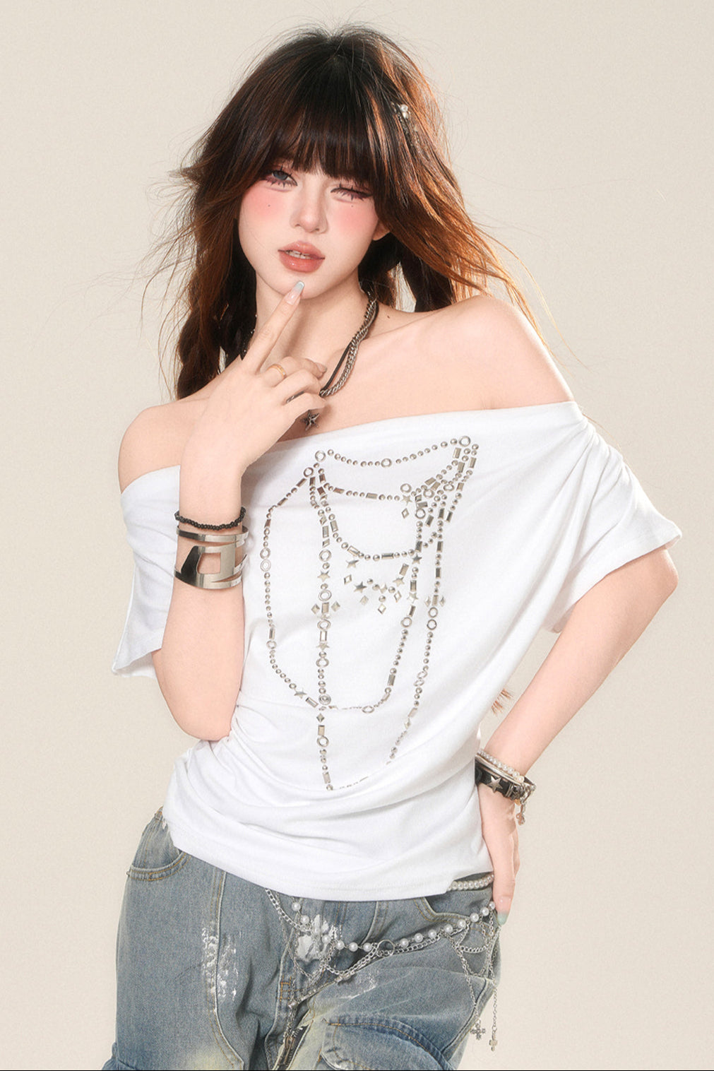 T-Shirt mit One-Shoulder-T-Shirt und Kordelzug