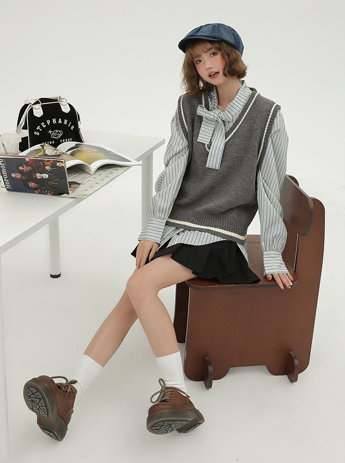 Gilet style coréen + chemise rayée à col en V
