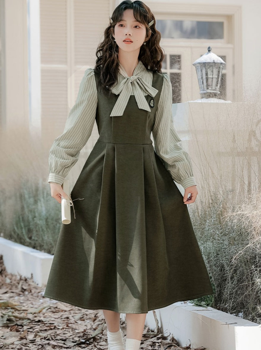 Striped Style Dress Splicing Faux College