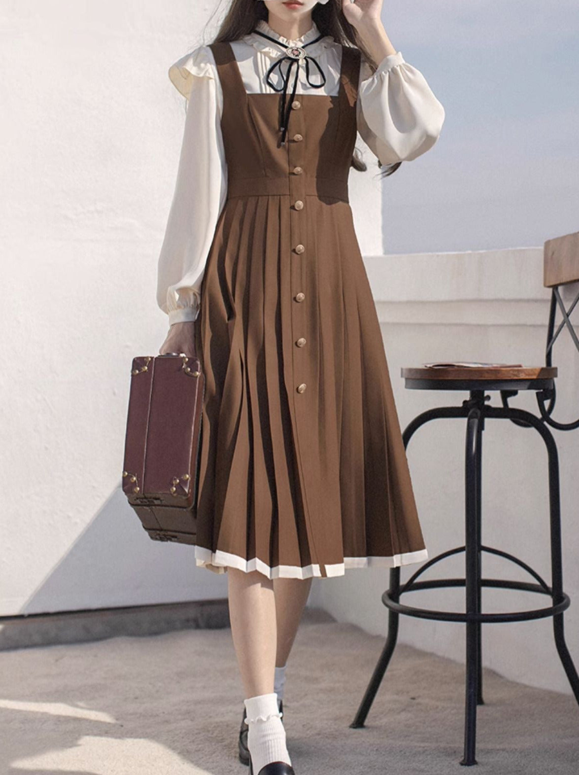 College Dress Shirt Pleated Suspender + Retro Ribbon Accessories Stand Ruffle Collar