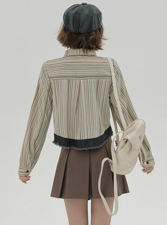 Stripe Shirt Tie Retro Splicing Check American Design Short