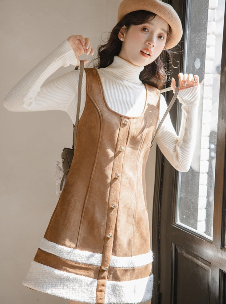High Knit Skirt Top + Suspenders Neck Boa