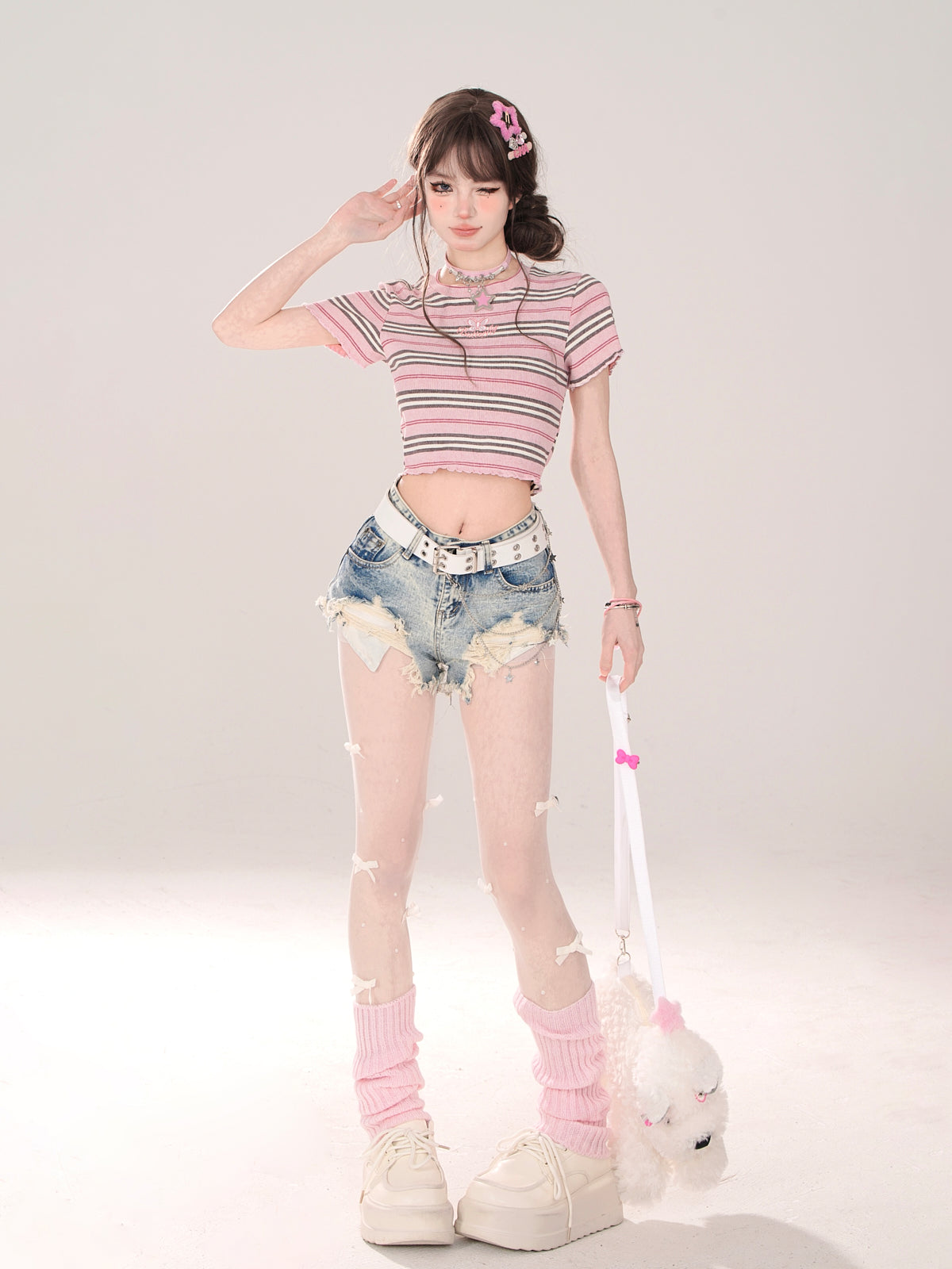 Kurzes rosa T-Shirt Romantic Slim Stripe