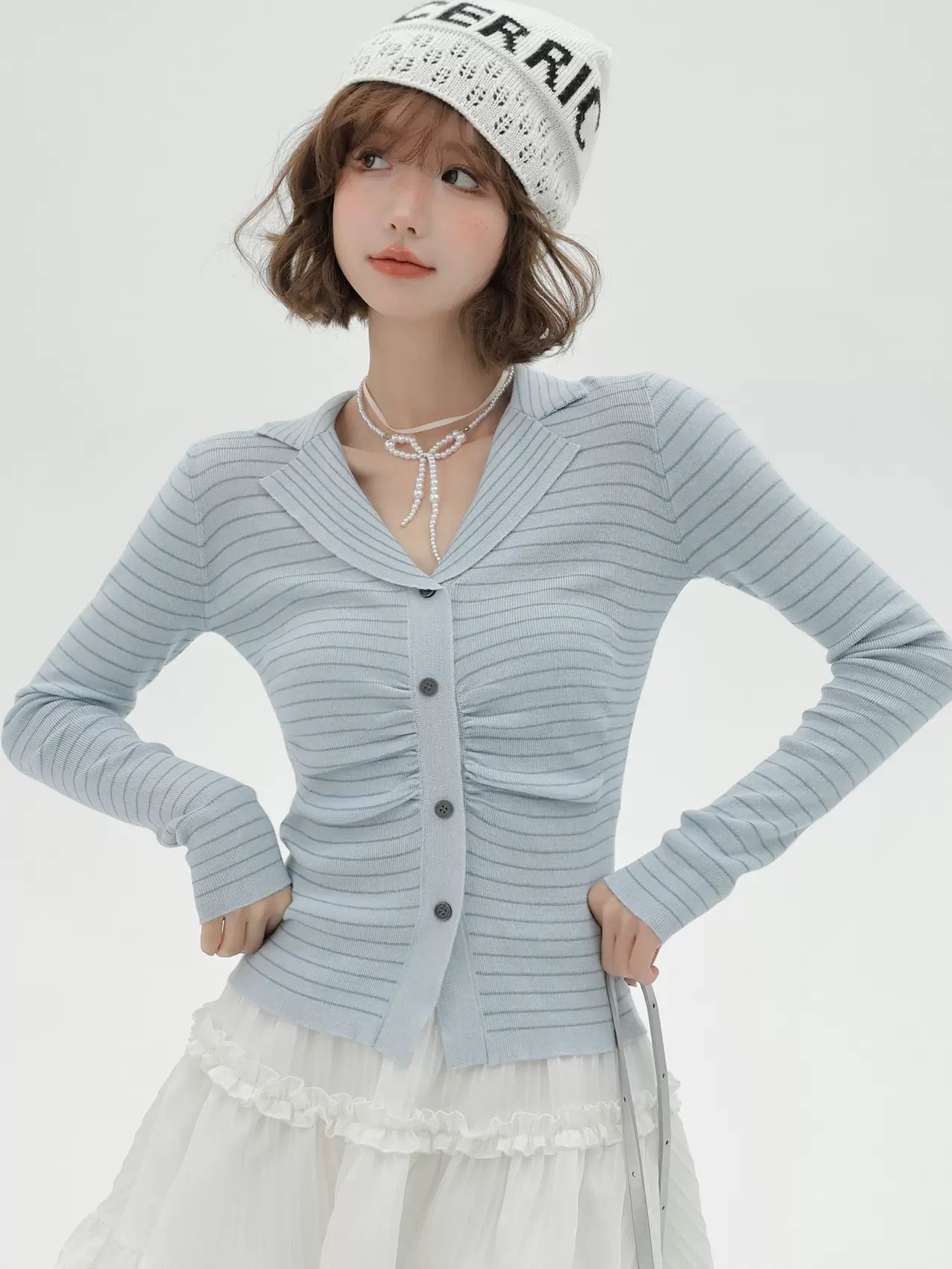 Knit Collar Light Stripe Top Blue Suit