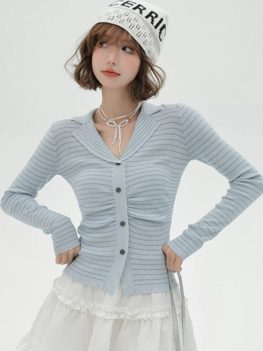 Knit Collar Light Stripe Top Blue Suit