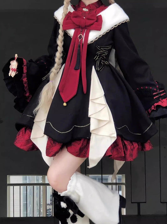 レッドブラックチャイナファーロリータドレス