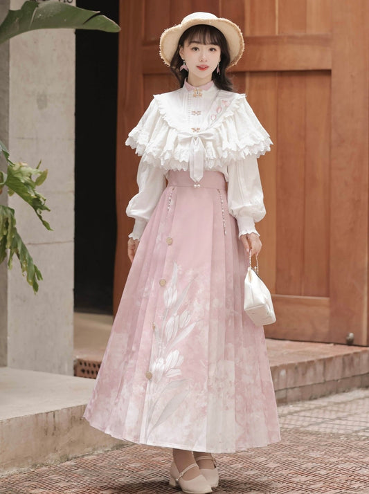 Blouse Pleated Shawl Ribbon Skirt China + Sweet Lace Floral