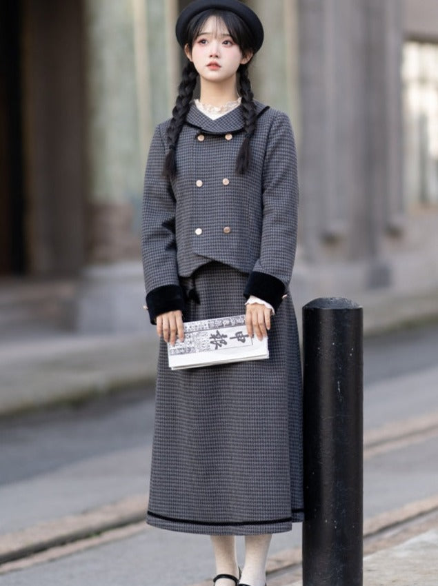 Skirt Check Flared Retro Ribbon Dark Double + Top