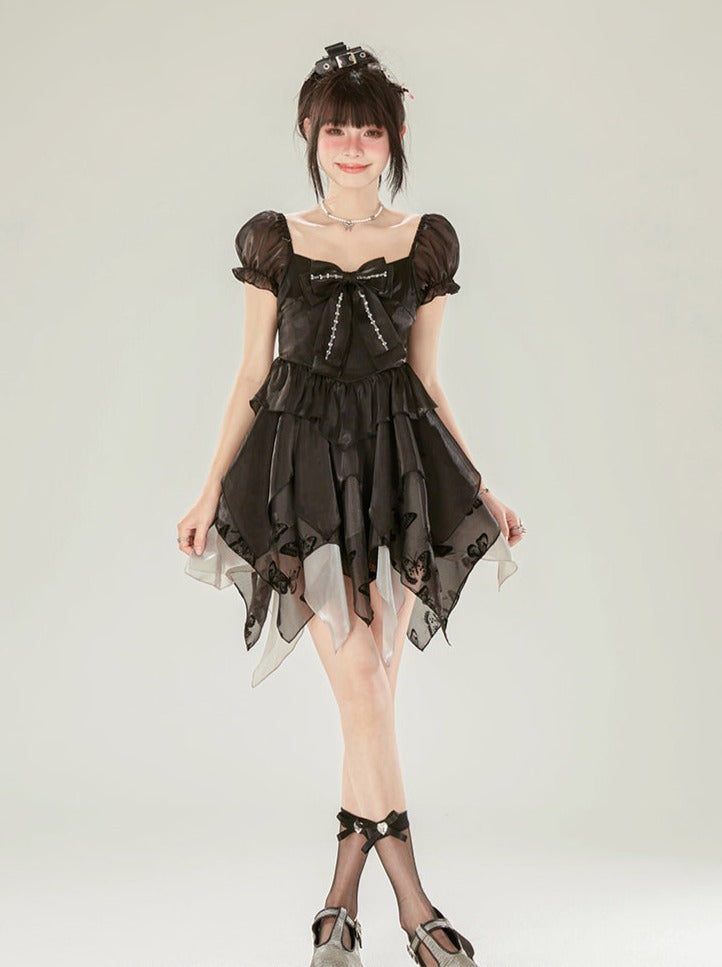 Sleeveless Bow Black Puff Ribbon Dress