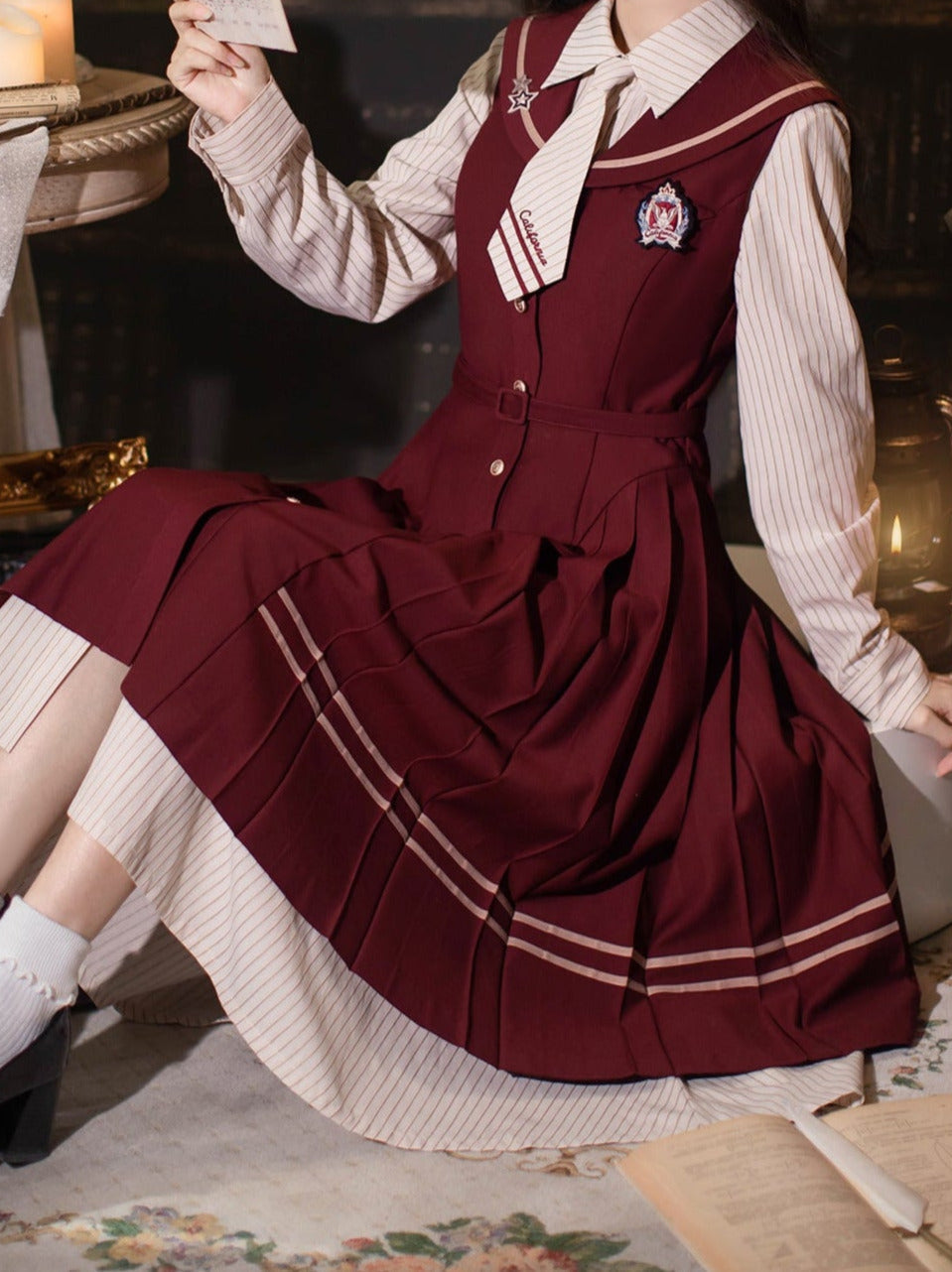 Shirt Dress Color + Tie Pleated Navy Suit Striped Badge Retro Magic Dress Academy