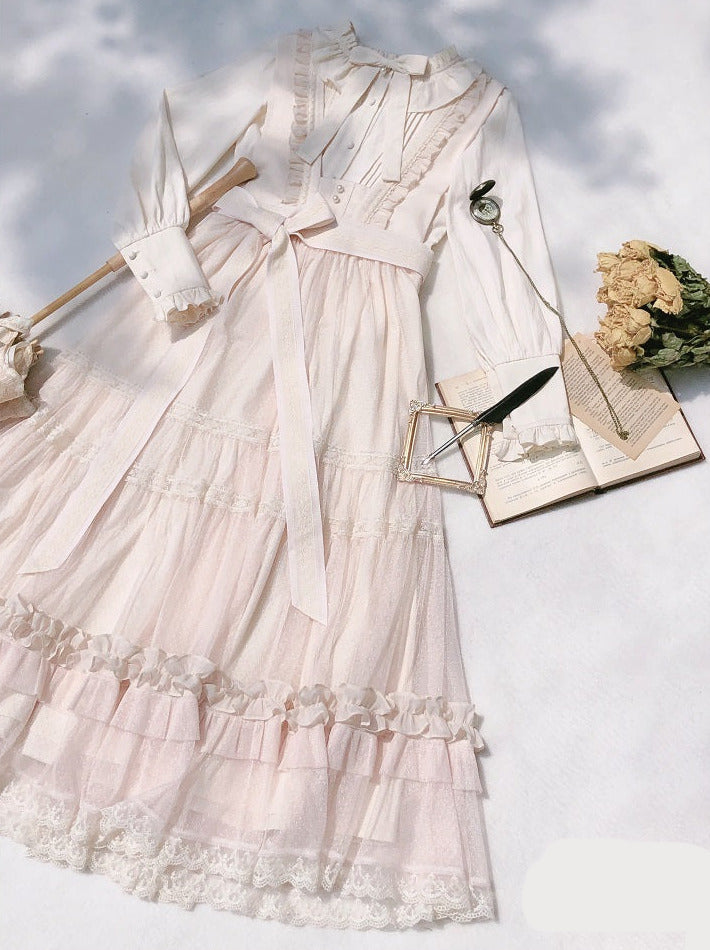 Haut à pois taille haute Lolita à volants et ruban, robe d'été légère, élégante et douce avec ruban en dentelle