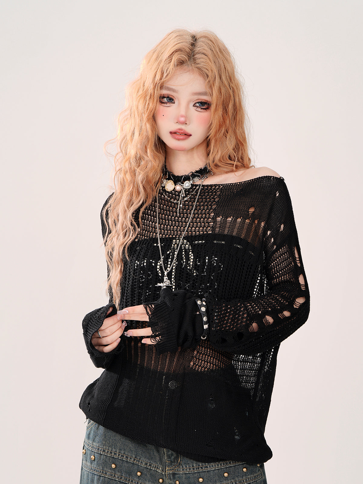 Summer Knit + Tube Top Openwork Sheer Ripped