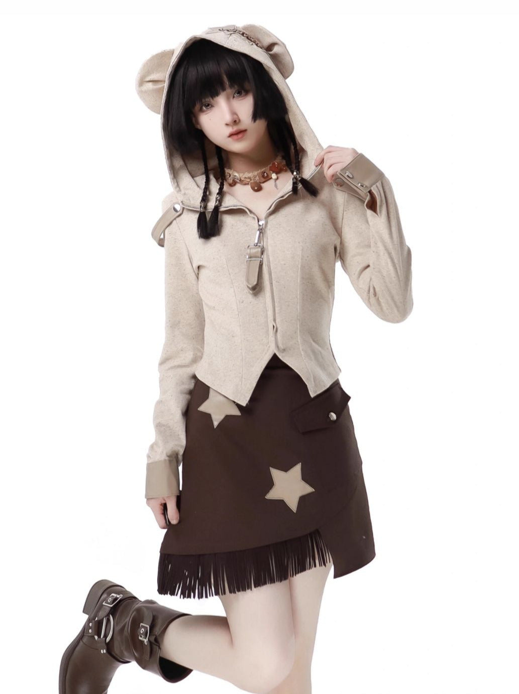 Design Split Wonder Bear Knit Top Shawl Maillard