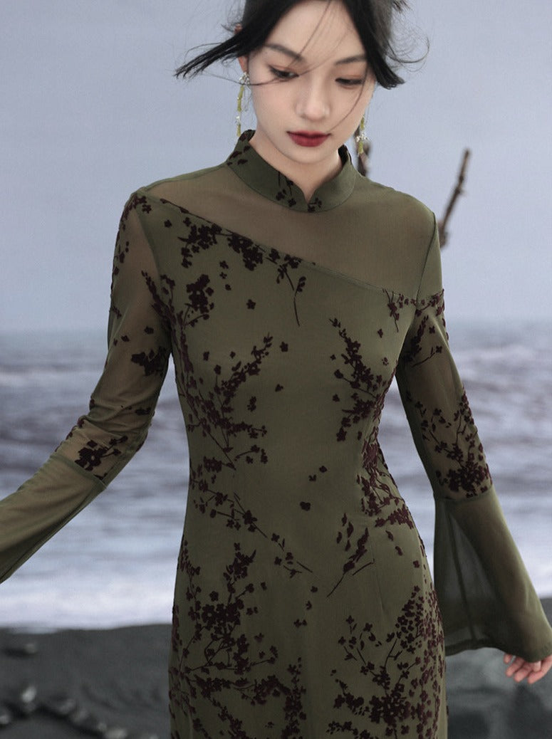 Mesh High End Flare Sleeve Dress Retro