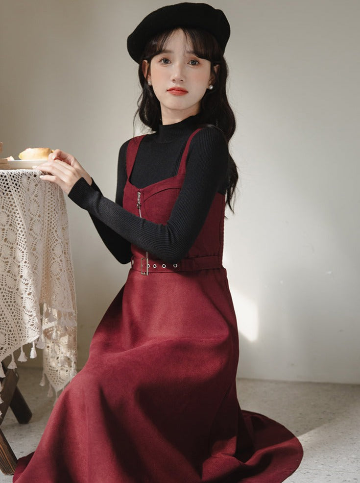 Slim Knit Retro Half + Suspender Turtleneck Skirt