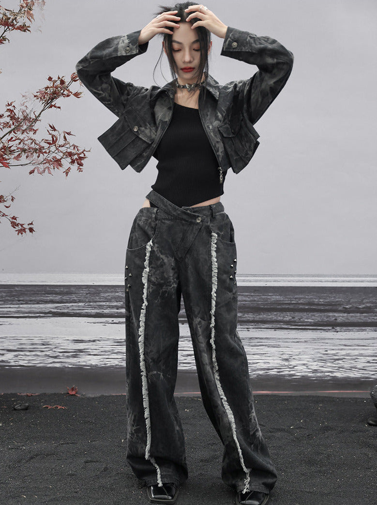 Dunkles Design Denim Lose Fransen Breite Cut-Taille
