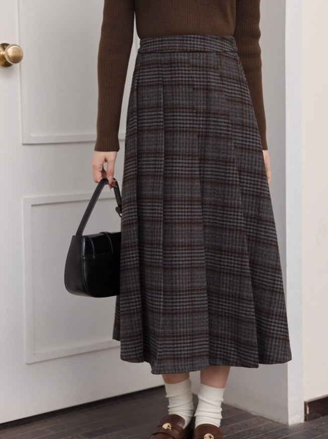 Gray Skirt Check Pleated Long Retro