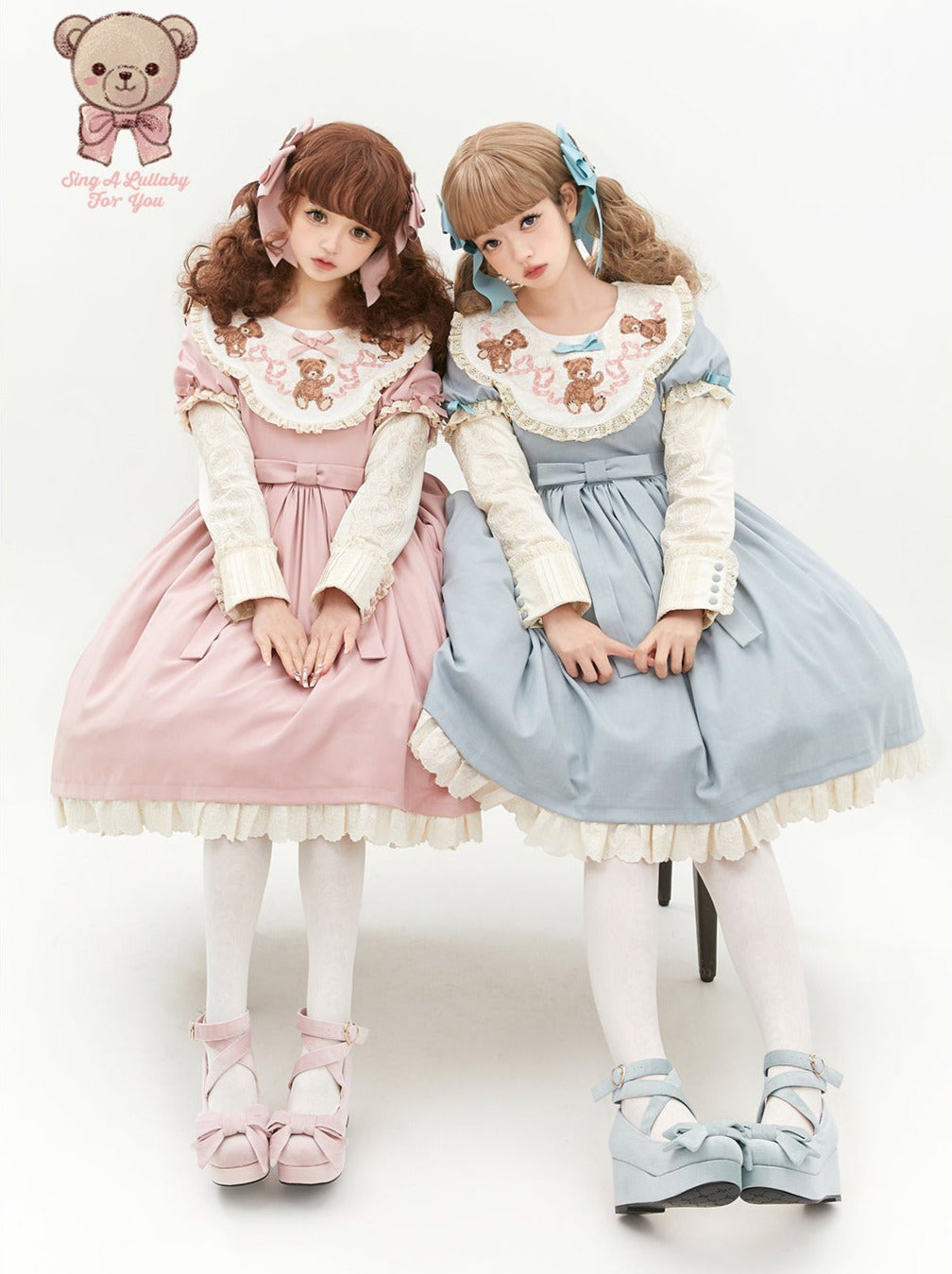 ロリータテディベアフラップレースパフスリーブリボンデレス