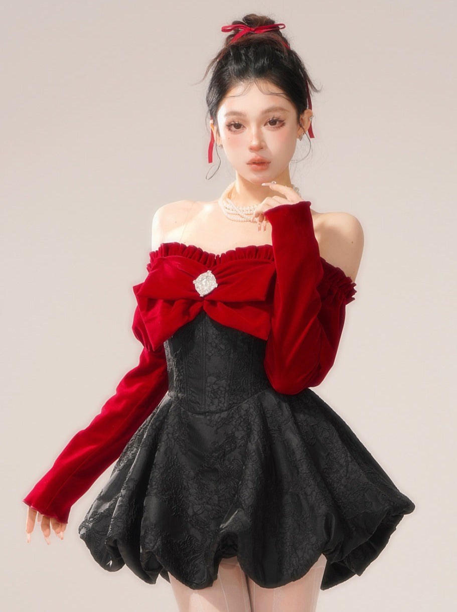 Center Jewel Big Bow Off-the-shoulder Dress