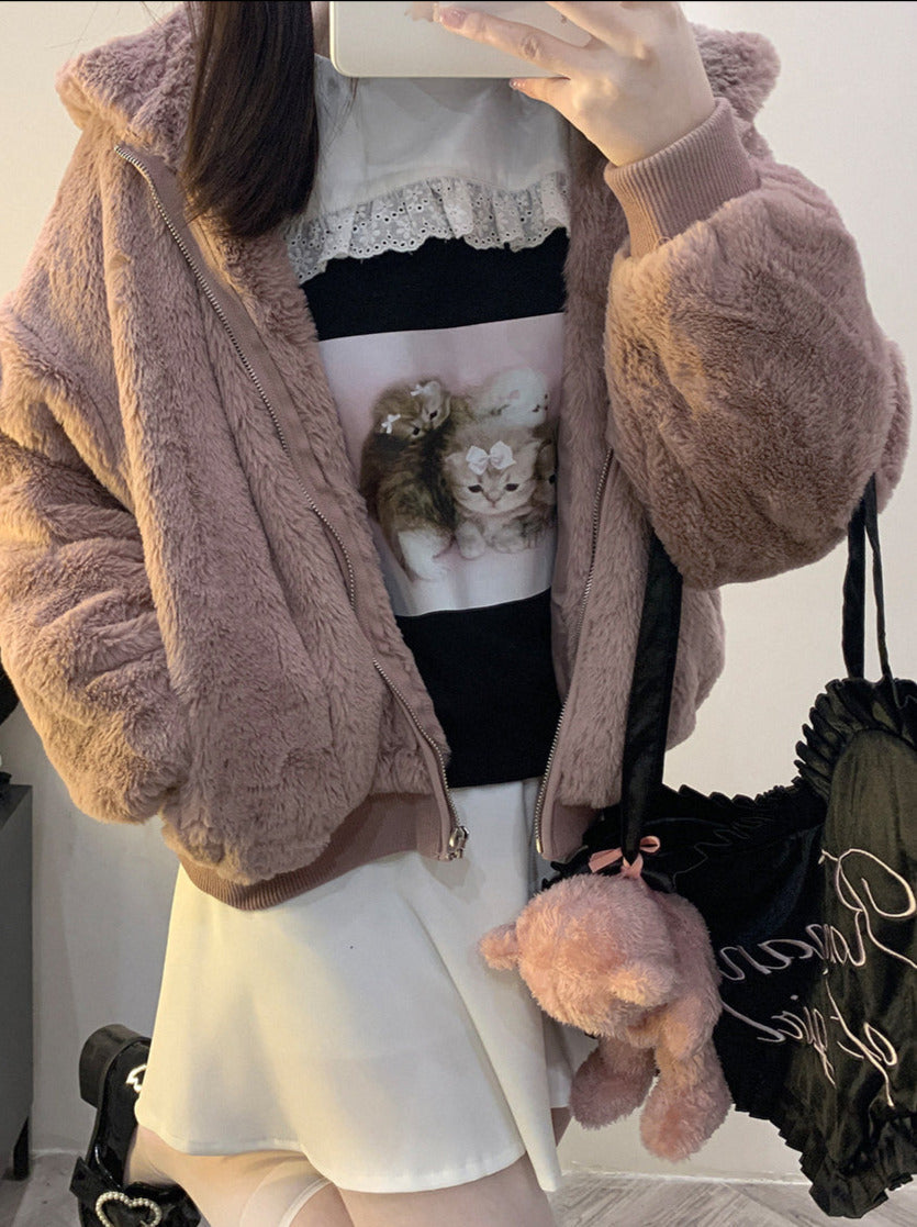 レーススクエアカラーキャットプリントトレーナー