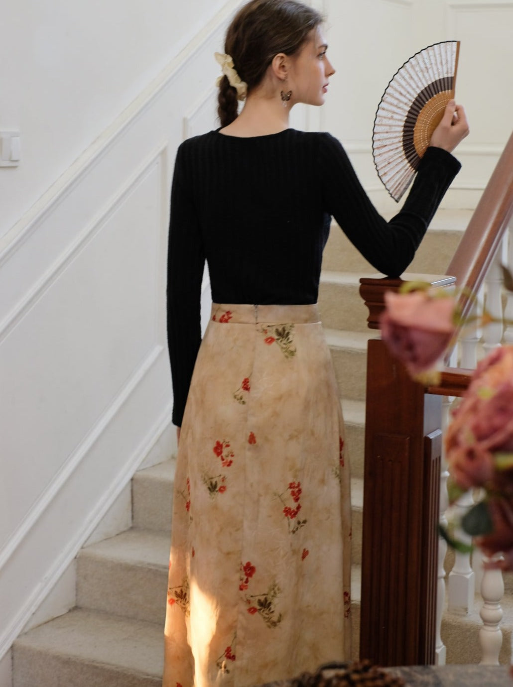Flower Top Long Asymmetrical Slit Skirt