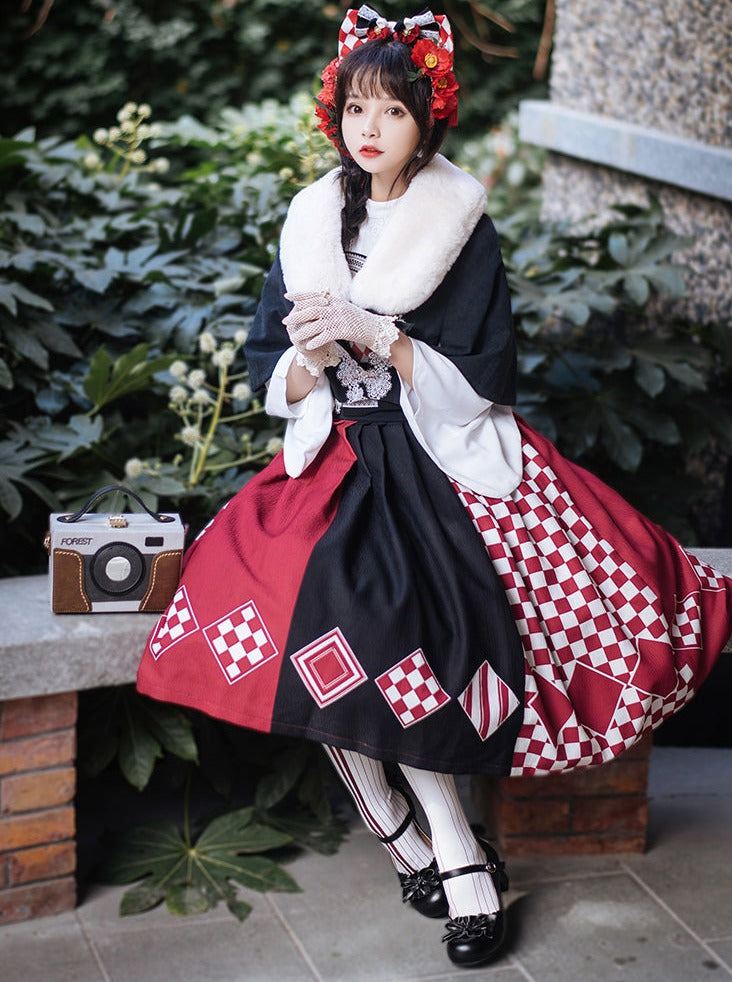 trumpet fur blouse cape + China accessories tassel scarf jumper skirt