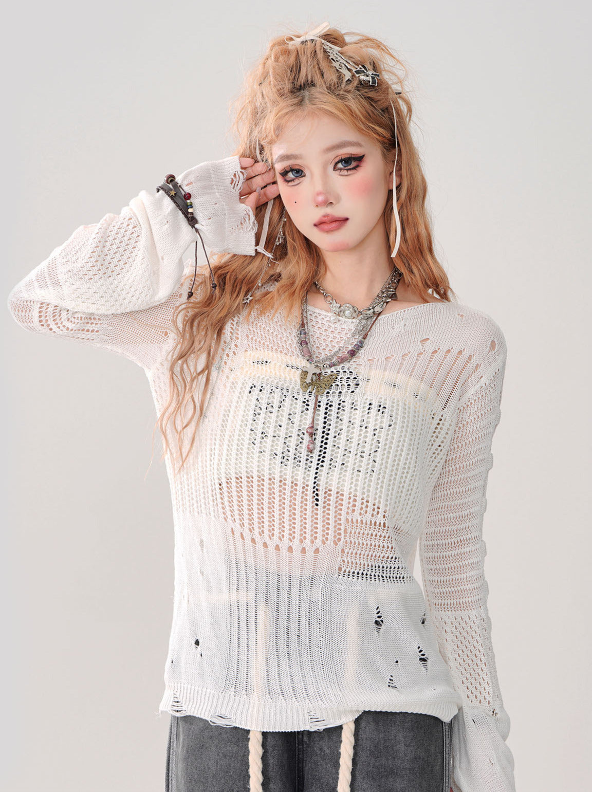 Summer Knit + Tube Top Openwork Sheer Ripped