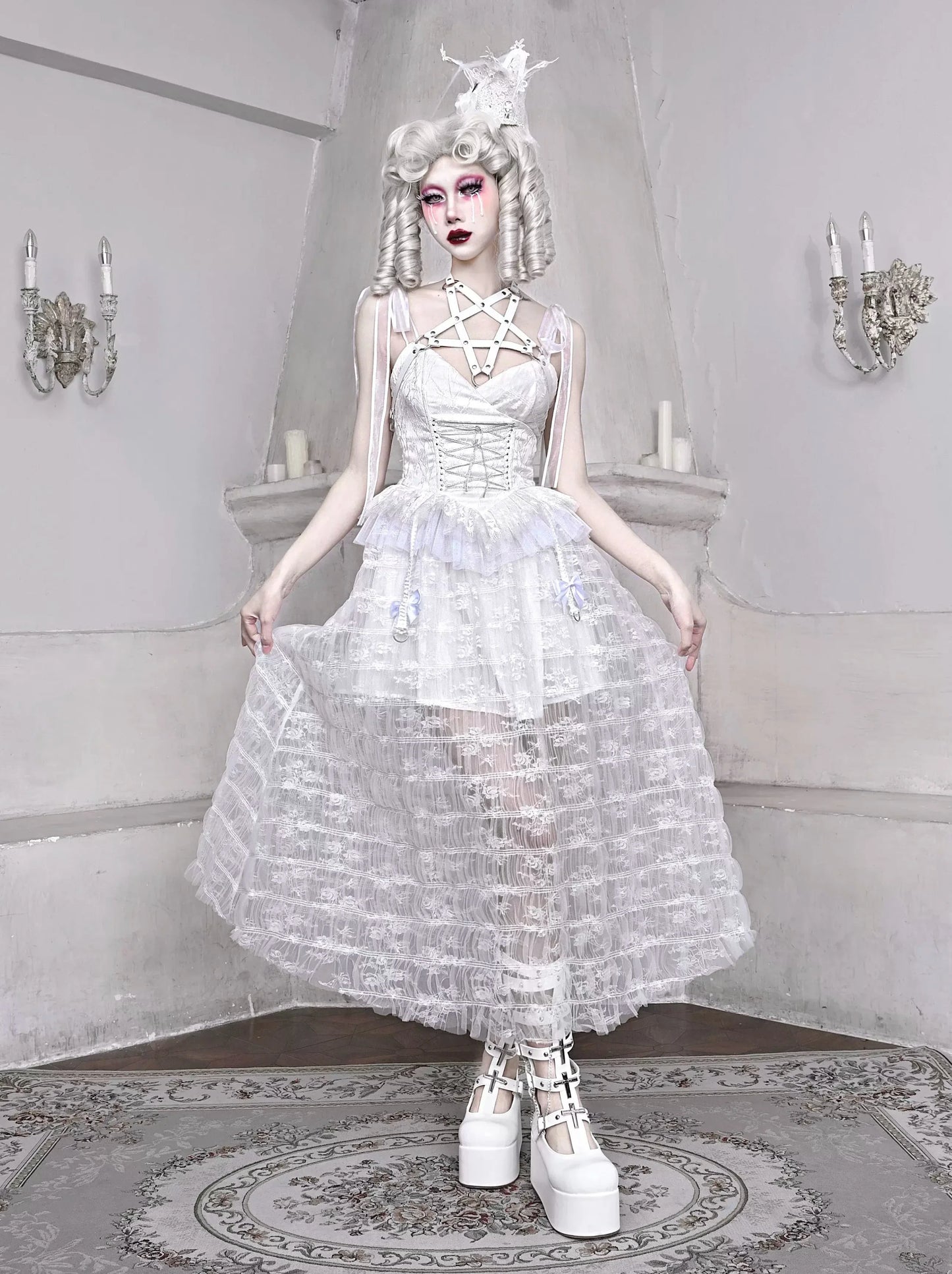 Mesh Schlafen Pentagramm Gothic Spitze Hosenträger Weiß Alice Dunkles Kleid