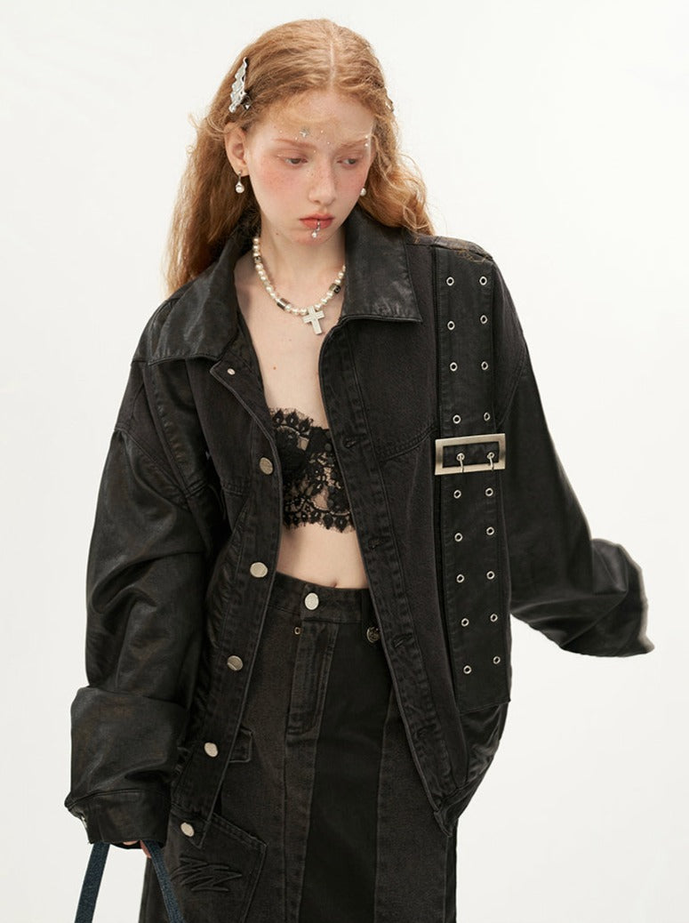 Veste en denim à bretelles en cuir