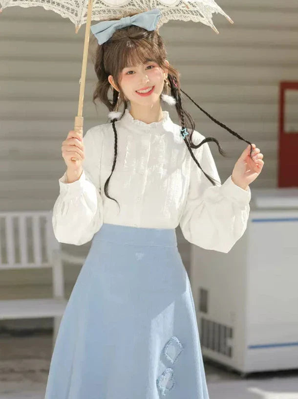 Gilet bleu forêt jupe papillon à volants chemise bleu Chine