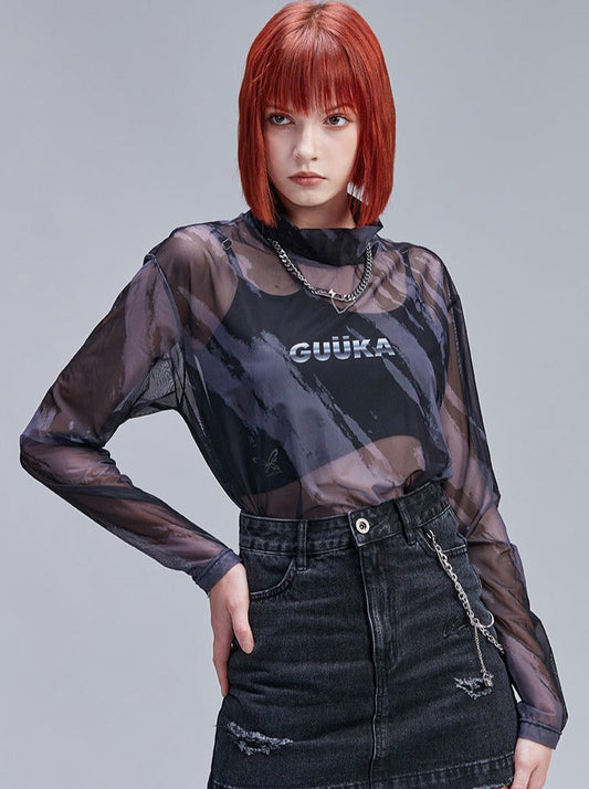 Slim Skin Mode Sheer Top Neck High Mesh