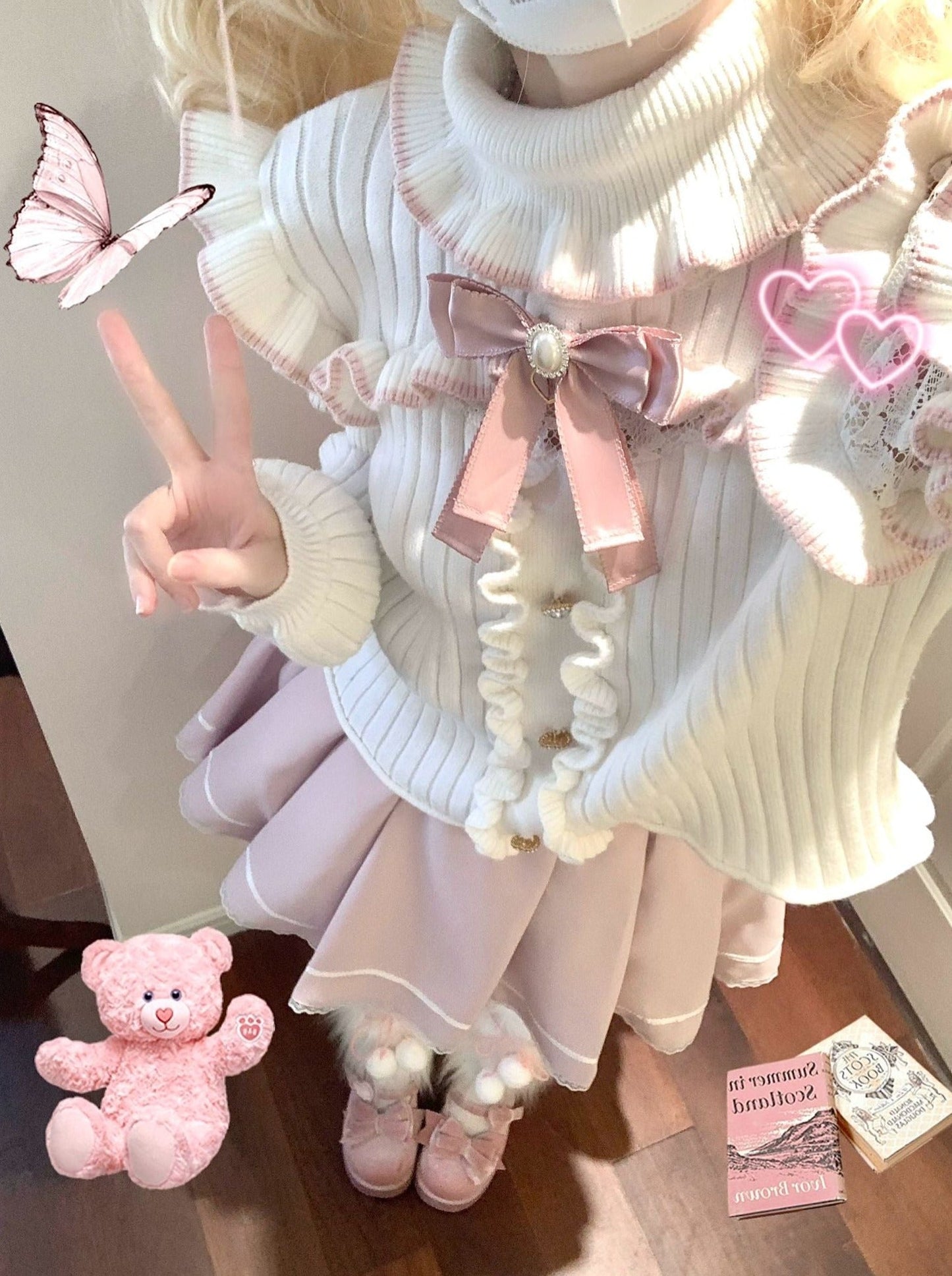 Turtle Neck Lace Frill Ribbon Knit + Nigh Waist Race Up Skirt