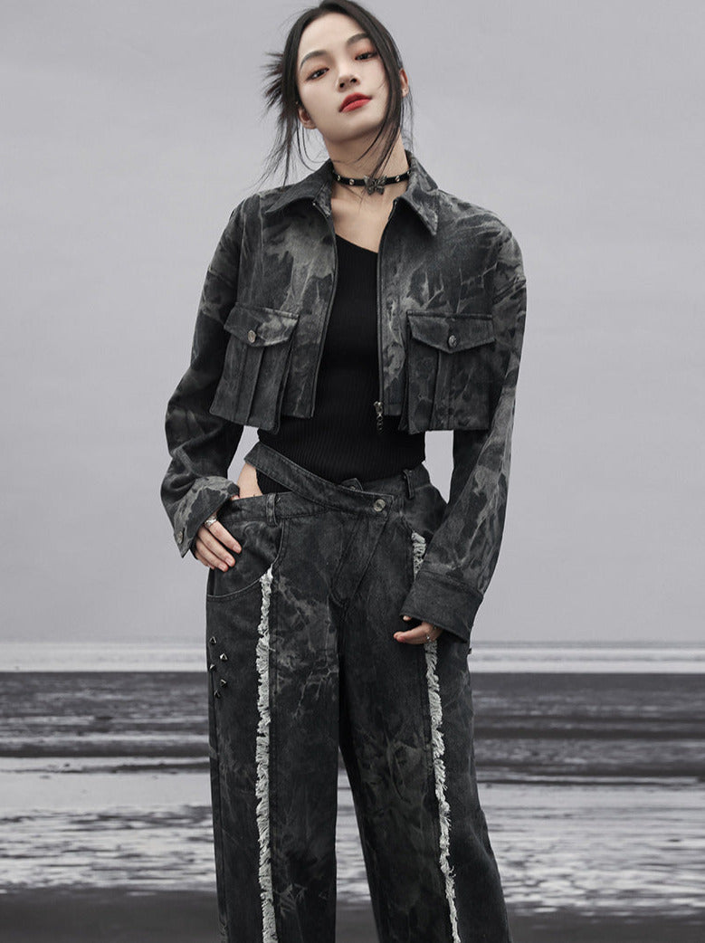 Dunkles Design Denim Lose Fransen Breite Cut-Taille