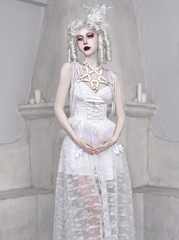 Mesh Schlafen Pentagramm Gothic Spitze Hosenträger Weiß Alice Dunkles Kleid