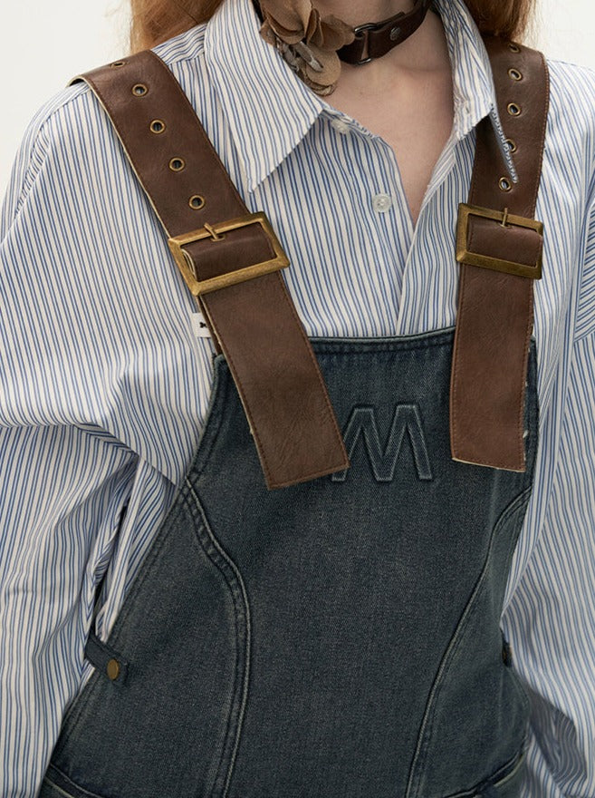 Leather Belted Logo Pleated Denim Suspender Skirt