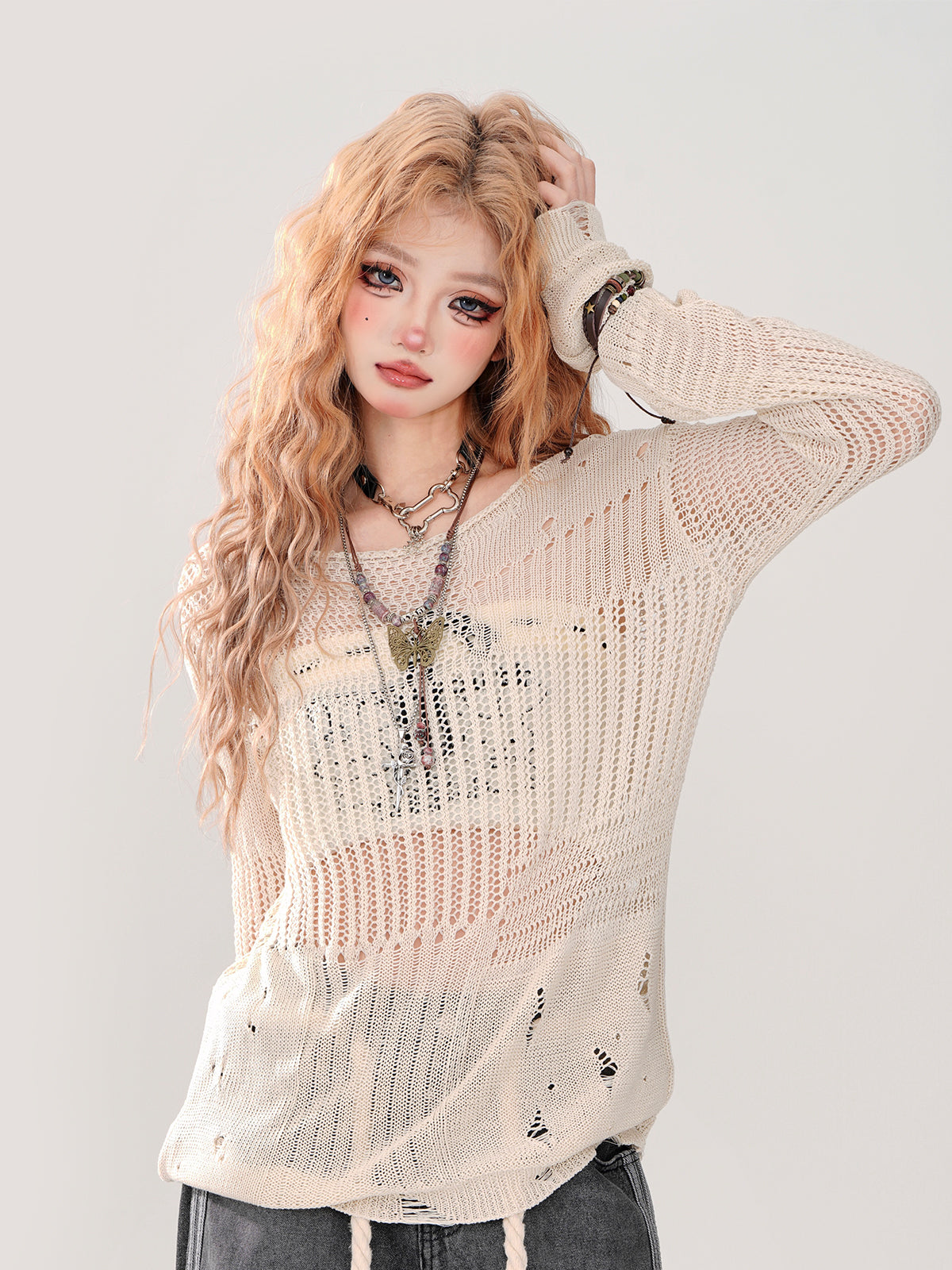 Summer Knit + Tube Top Openwork Sheer Ripped