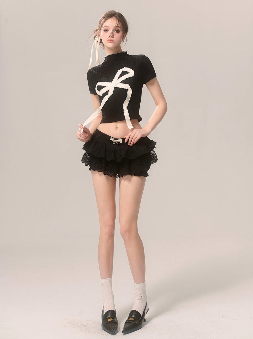 Neck Sweet Big Short American T-Shirt High Ribbon