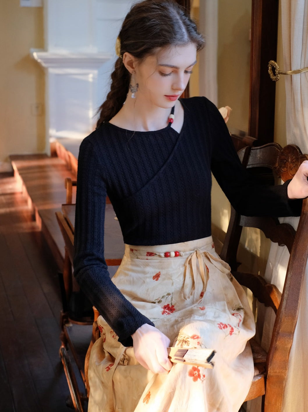 Flower Top Long Asymmetrical Slit Skirt