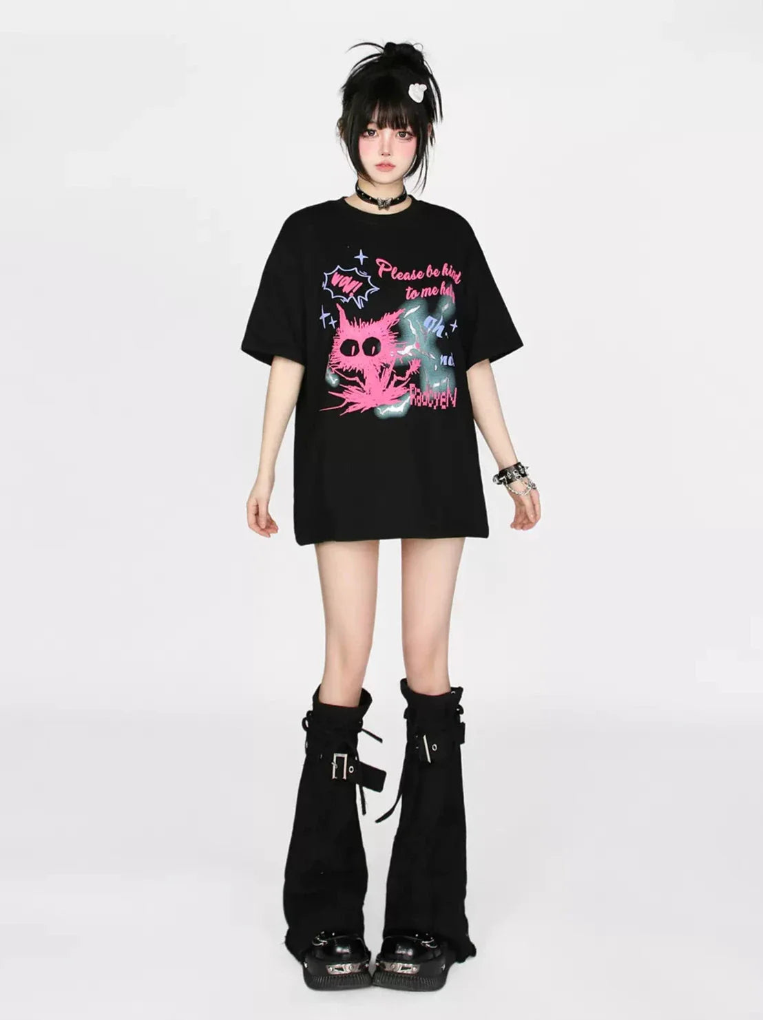 T-shirt imprimé chat couleur contrastée dessin animé