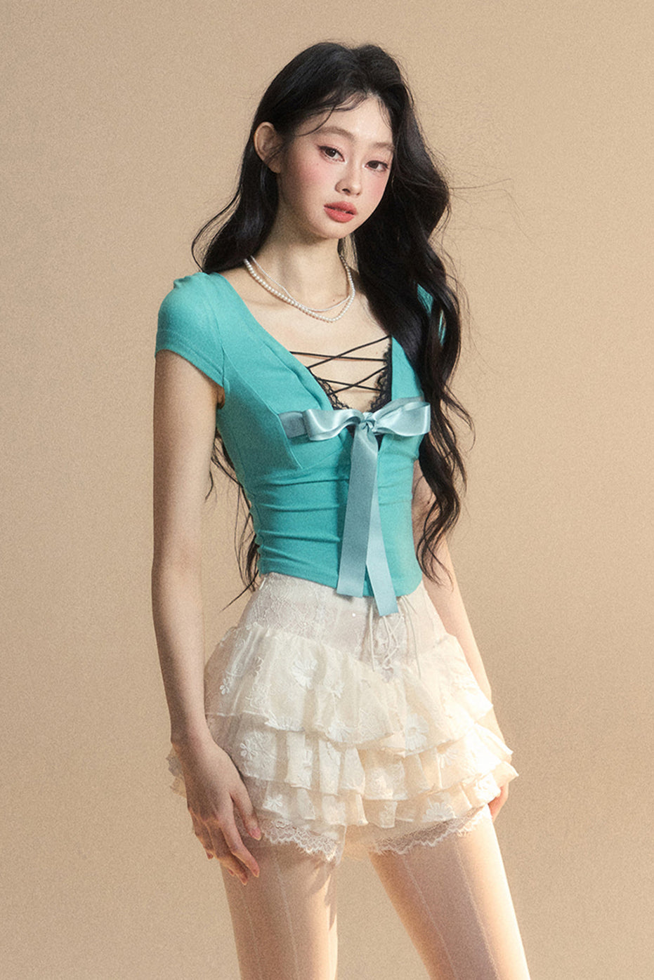 Top Reservations Ribbon Trim Lace Chic Crop